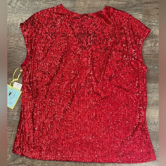 CeCe Sequined V-Neck Cap-Sleeve Red Blouse-Size Medium - Picture 2 of 7